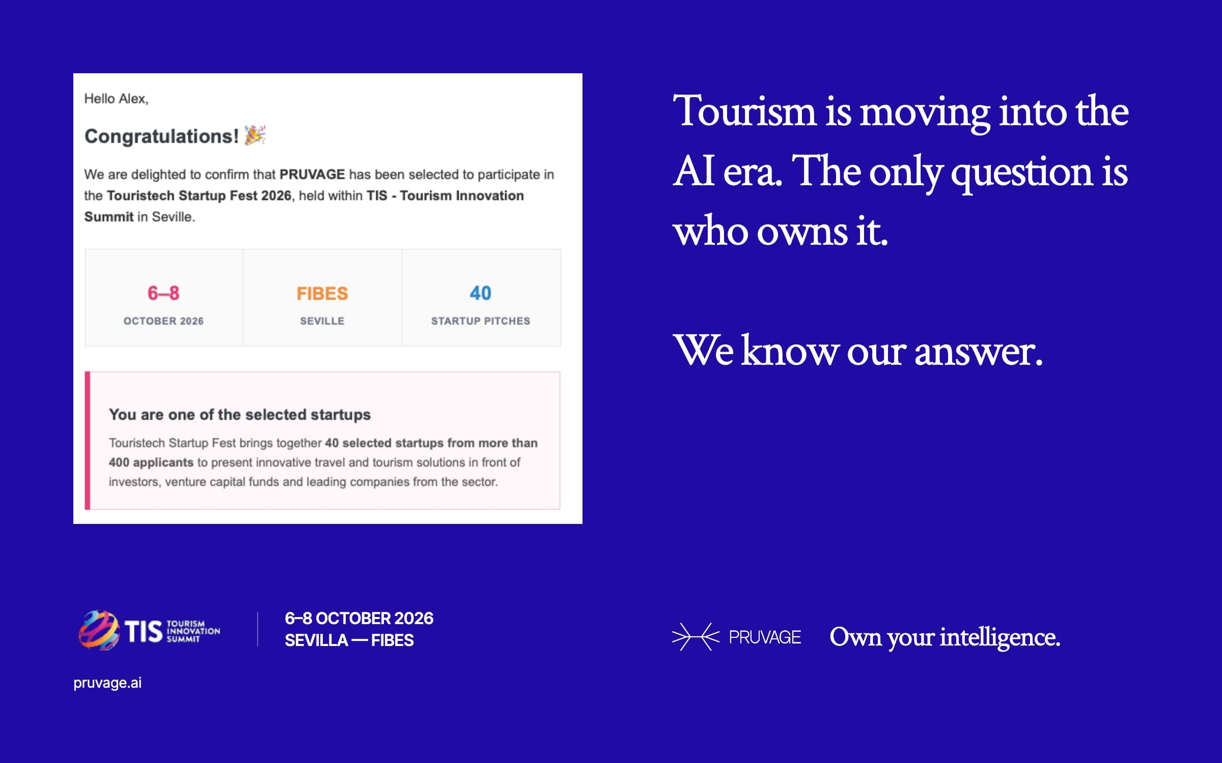 PRUVAGE selected as one of 40 startups from 400 candidates for Tourism Innovation Summit 2026